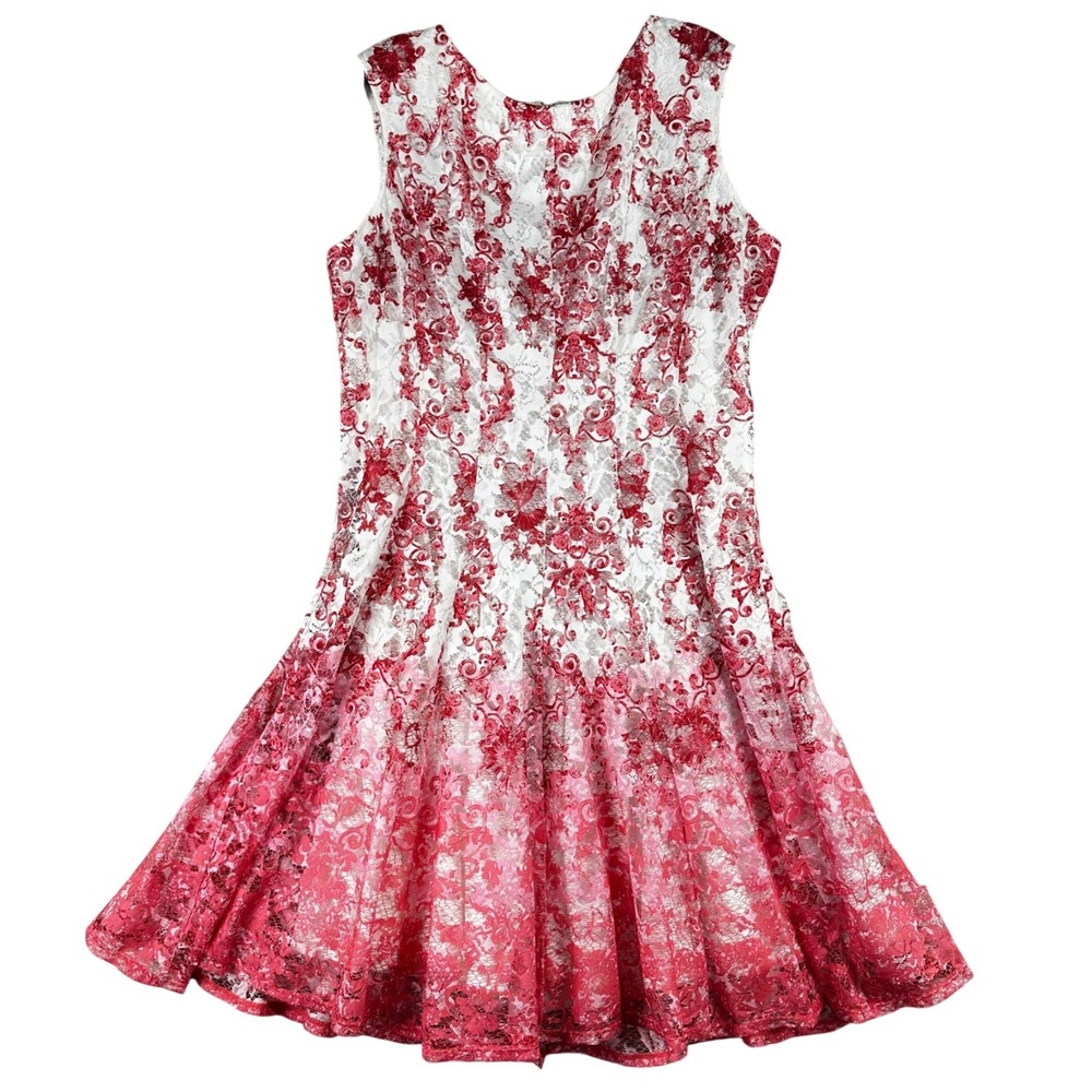 Danny and Nicole Lace Ombre Fit Flare Dress Womens 16 Red White Cocktail Party - Picture 2 of 12